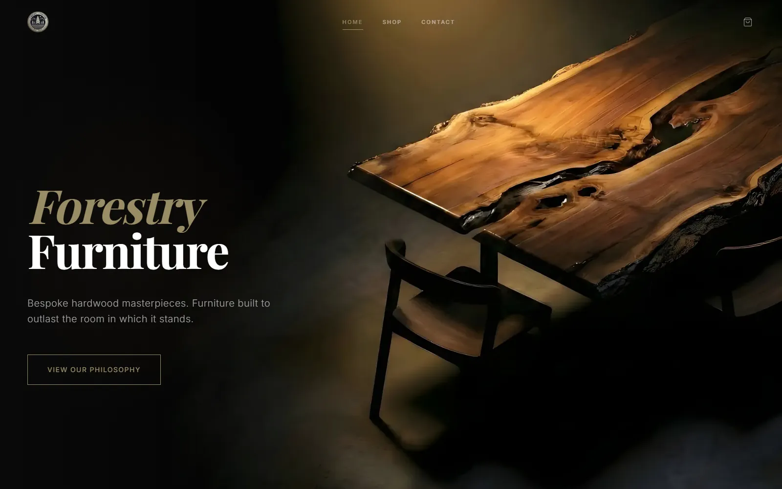 The Forestry Furniture home page, showing a hardwood dining table in a dark interior