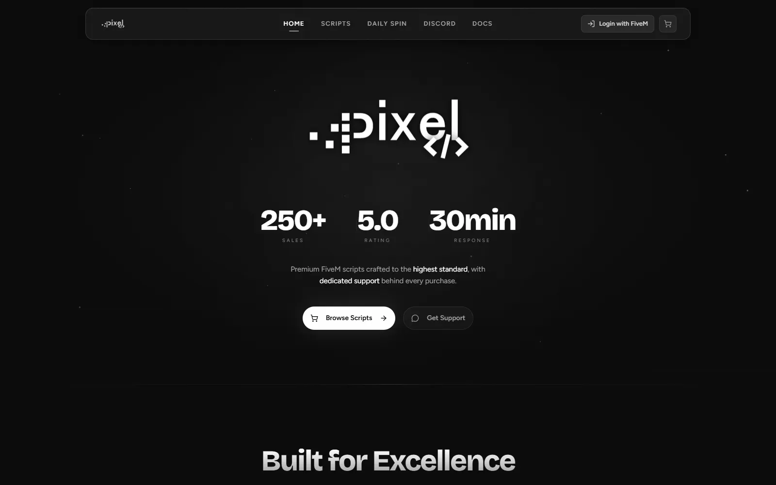 The Pixel Development store home page on a black background